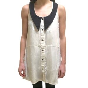 MUSEUM Whimsy White Cotton Button Down Tuxedo Tunic Mini Dress Peter Pan Collar